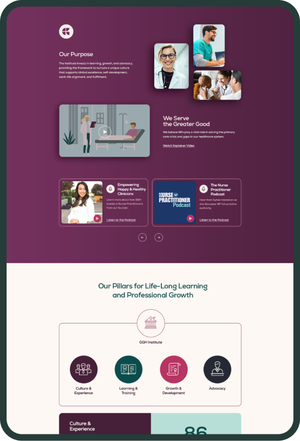 Website layout showcasing professional development programs, purple theme.