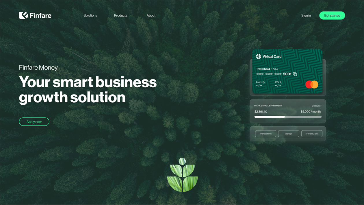 FinDoc website. Credit card graphic with forest backdrop. Headline: 