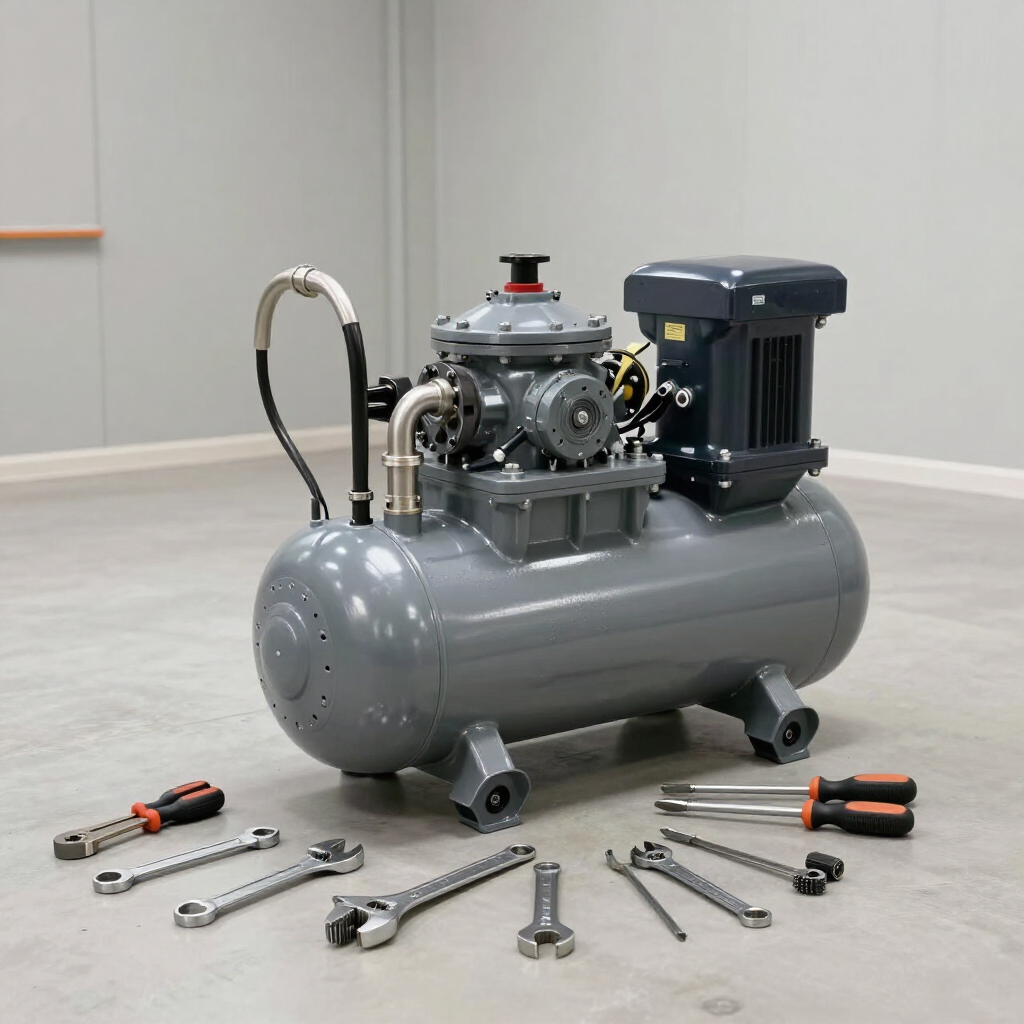Instalación industrial de compresor con herramientas y tubería