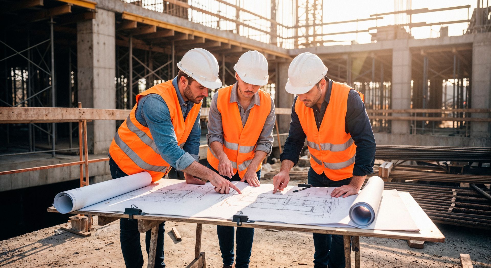 Three construction workers in orange vests and hard hats reviewing blueprints on a building site.