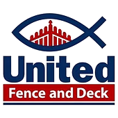 A blue and red logo for united fence and deck