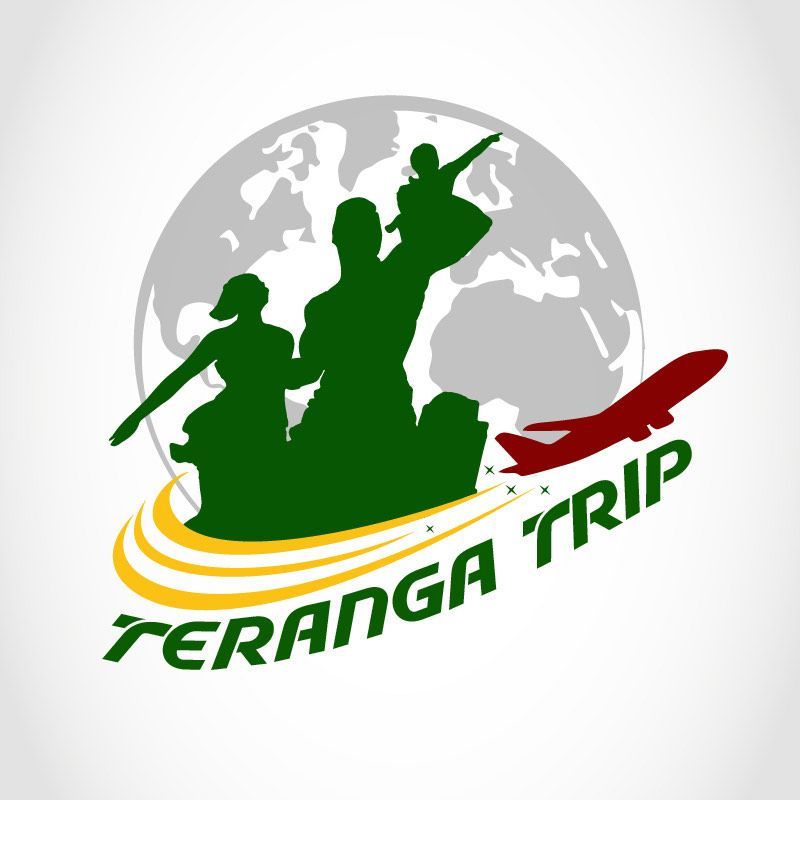 Logo pour Teranga Trip : silhouettes de familles en vert, avion, globe terrestre et nom de l’entreprise.