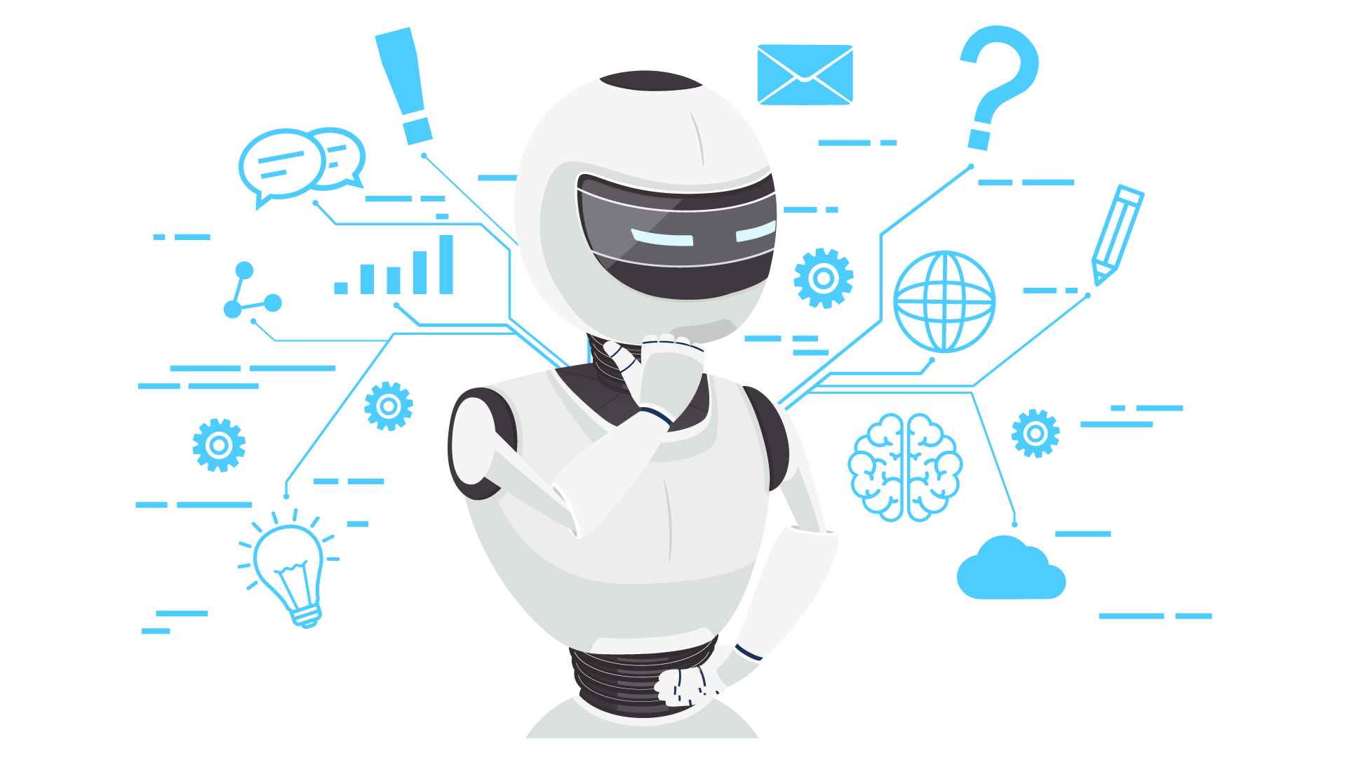A cartoon illustration of a robot surrounded by icons.