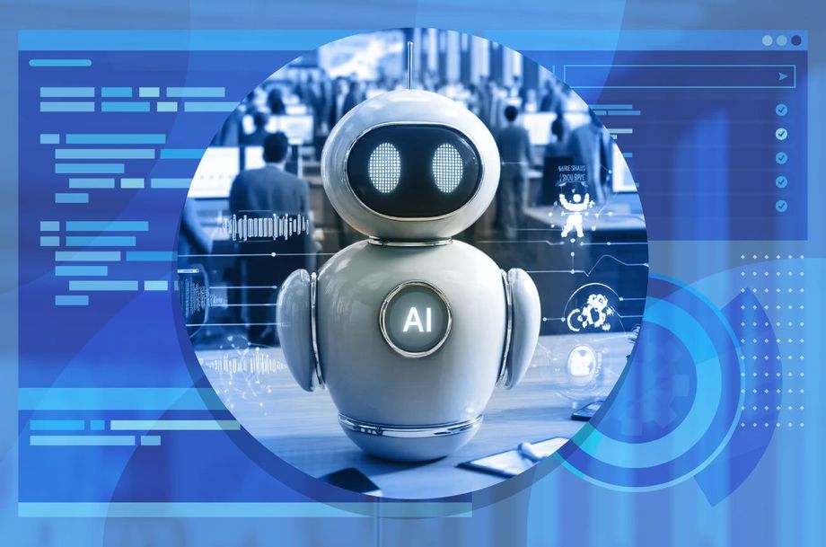A robot with the word ai on it is standing in front of a computer screen.