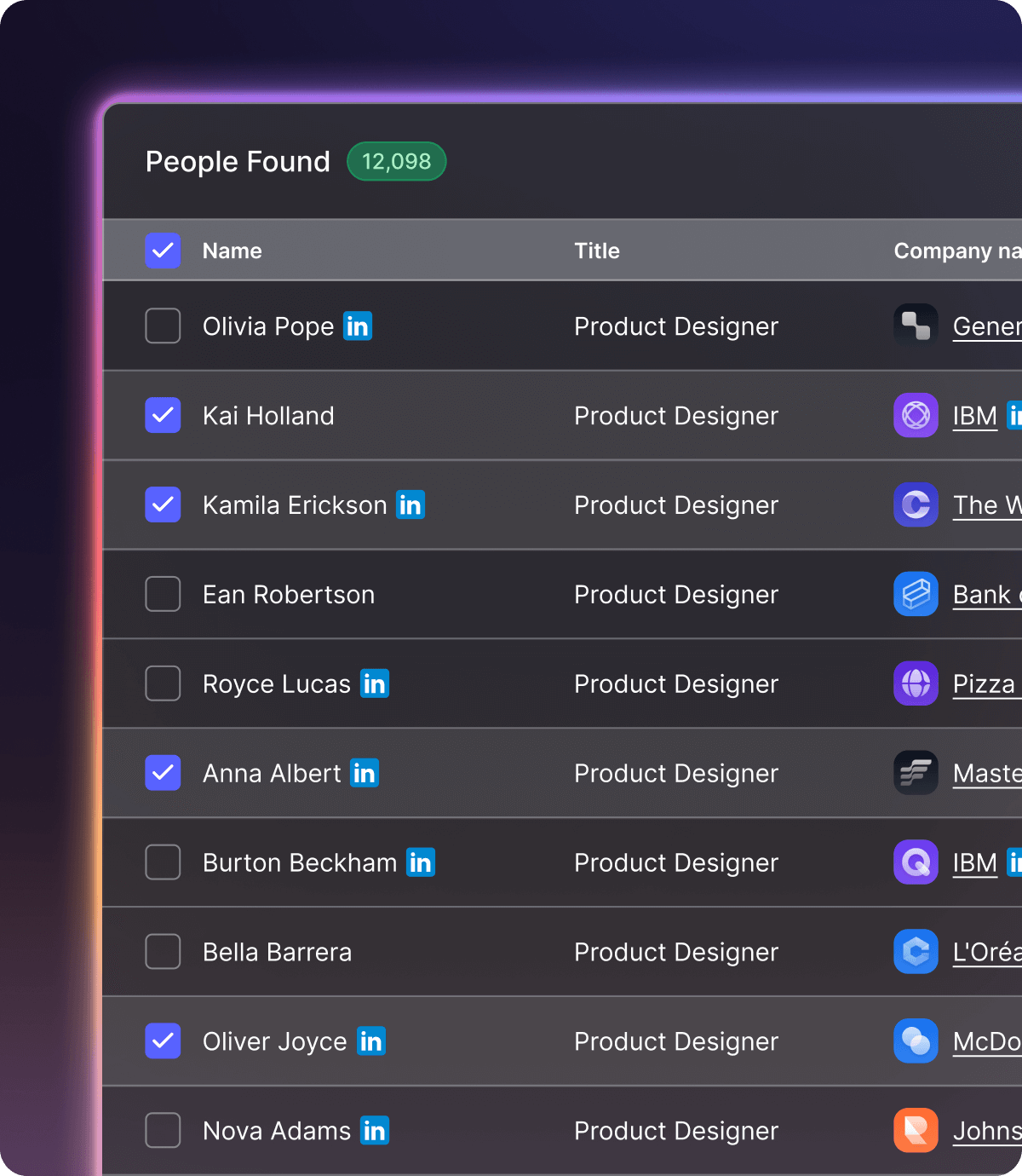 A computer screen shows a list of people found