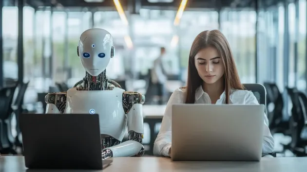 A woman and a robot are sitting at a table with laptops.