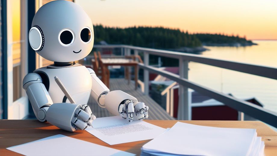 A robot is sitting at a table writing on a piece of paper.