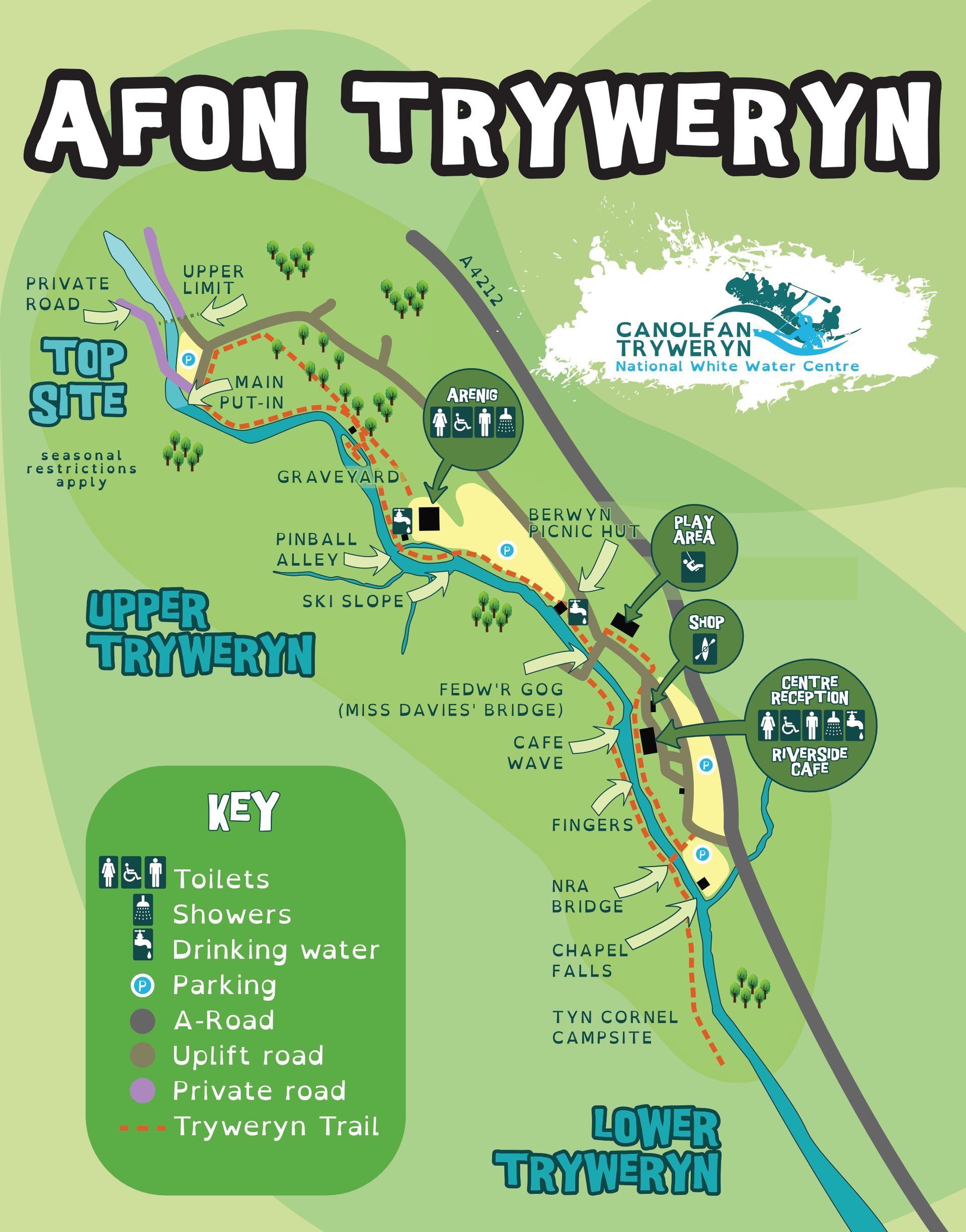 Tryweryn river map at Canolfan Tryweryn, the National White Water Centre