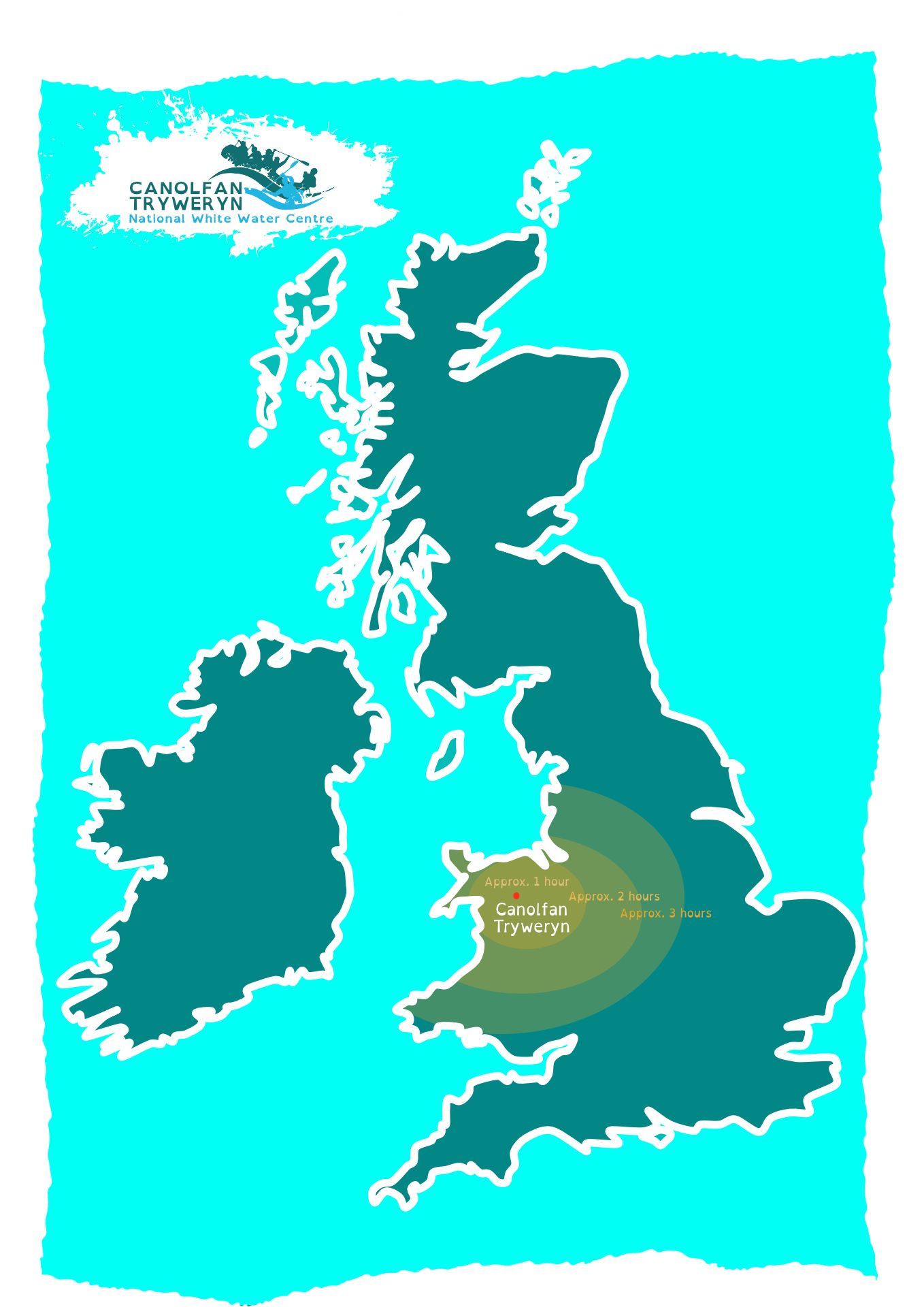 Map of the UK, showing approximate driving distances to Canolfan Tryweryn