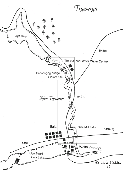 Line drawn map of the River Tryweryn from Llyn Celyn to Bala.