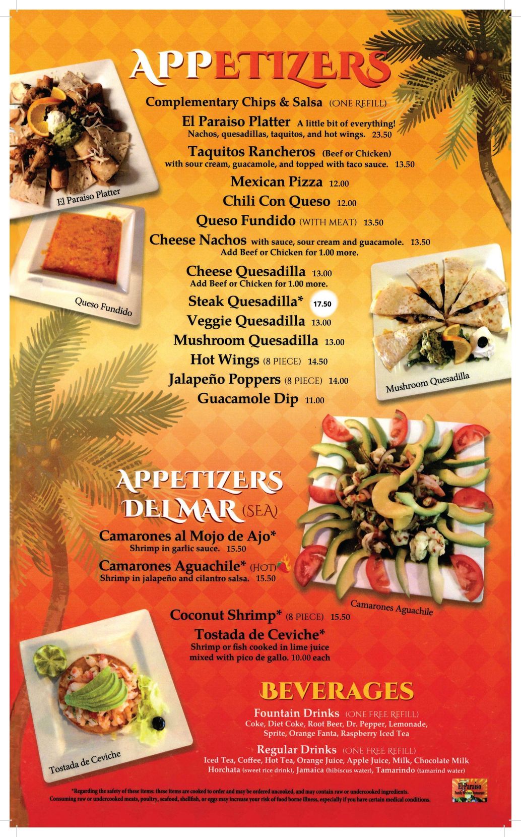 A menu with appetizers and beverages on it