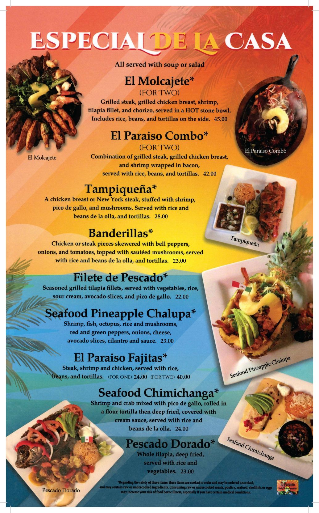 A menu for especial de la casa shows a variety of food