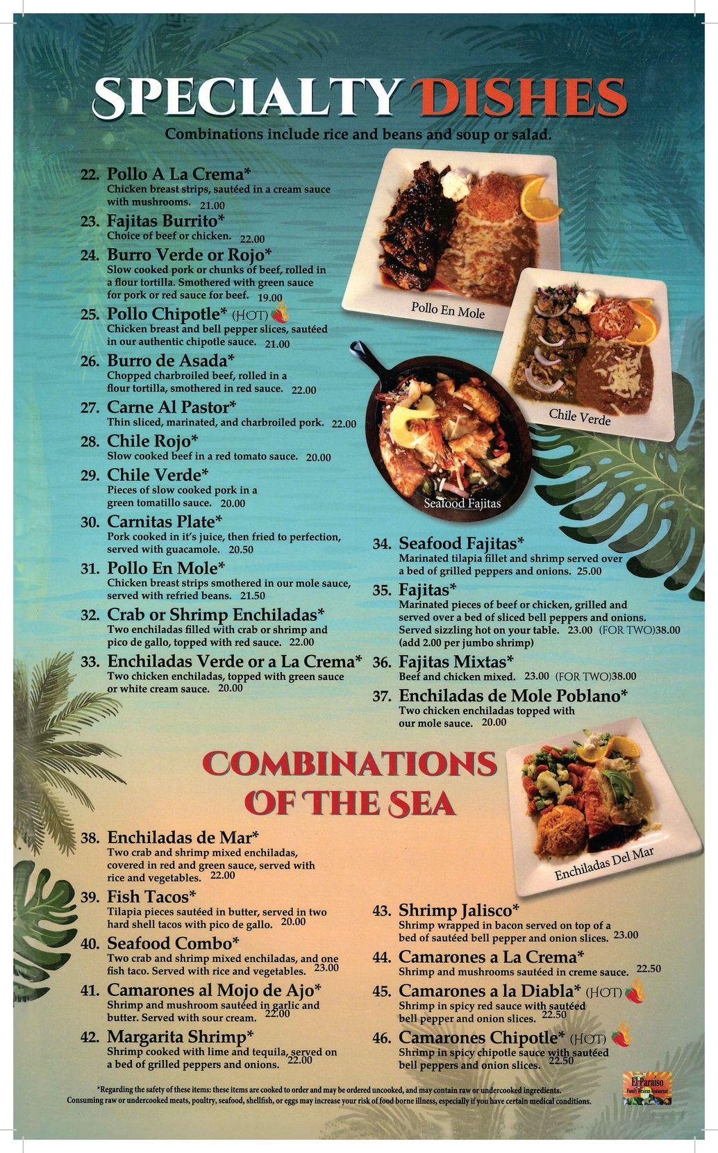 A menu for specialty dishes and combinations of the sea