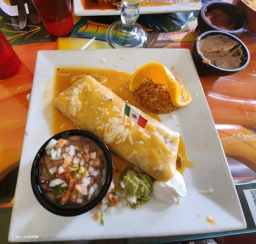 A white plate topped with a burrito and salsa