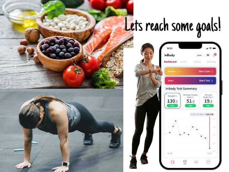 A woman is doing push ups next to a phone and a bowl of food.