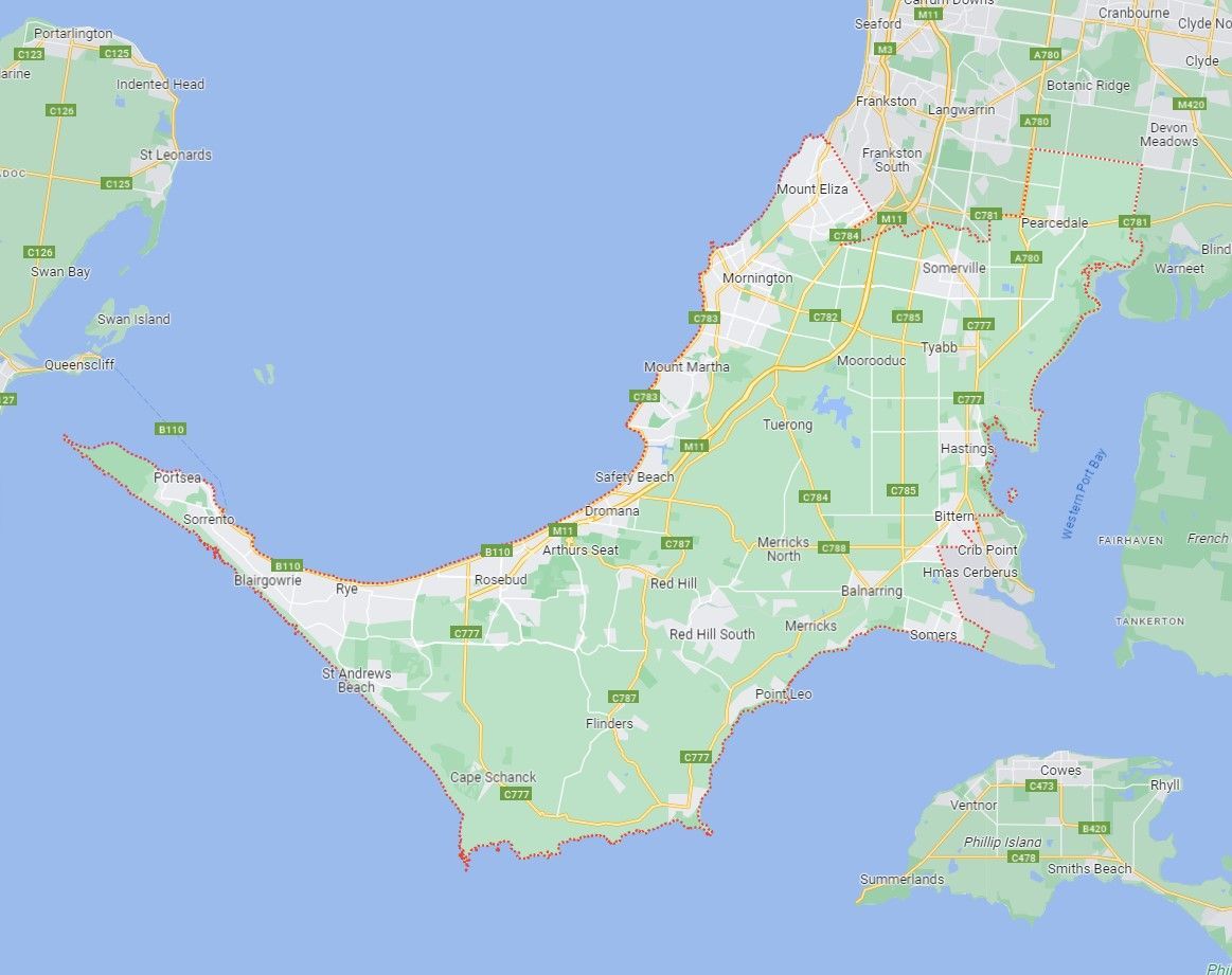 The Morington Peninsula  of Vicrtoria Australia on the map