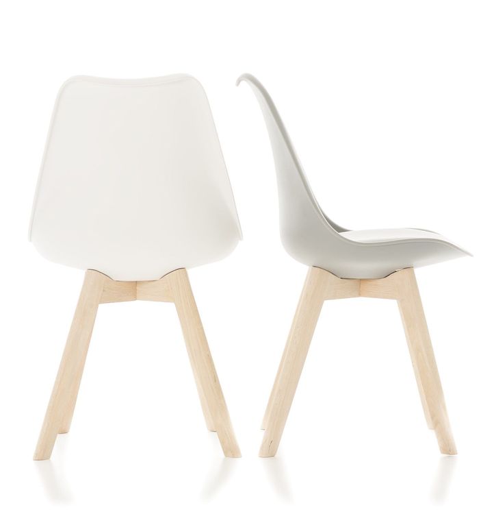 a white chair with a grey seat and wooden legs