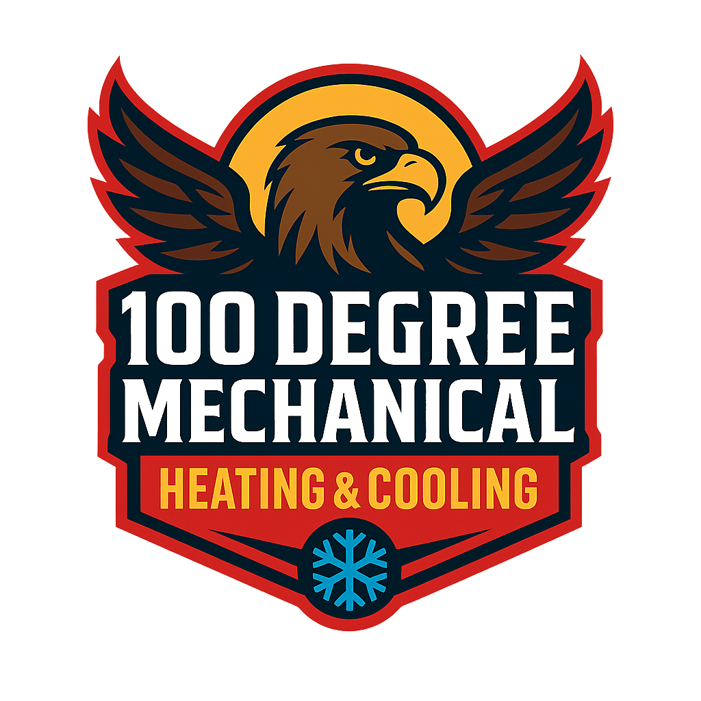 A logo for 100 degree mechanical with a bicycle in the middle.