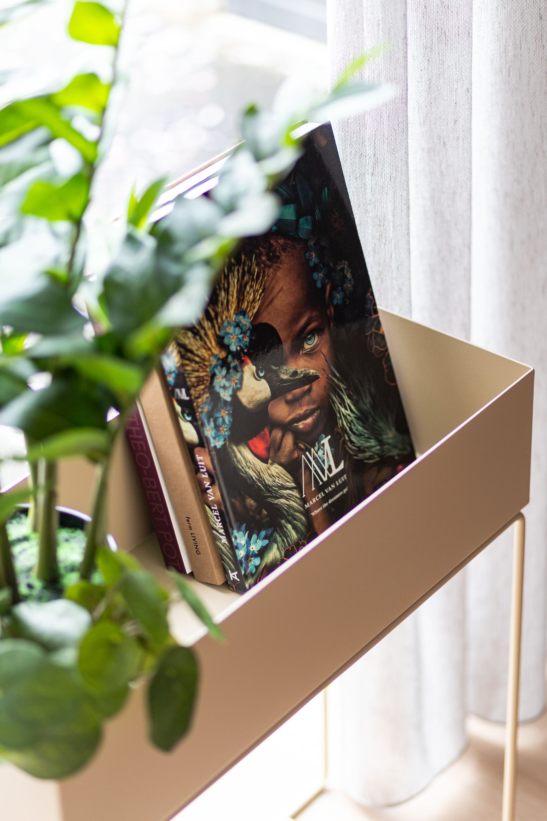 Boeken in een beige metalen plantenbak naast een plant, bij een raam.