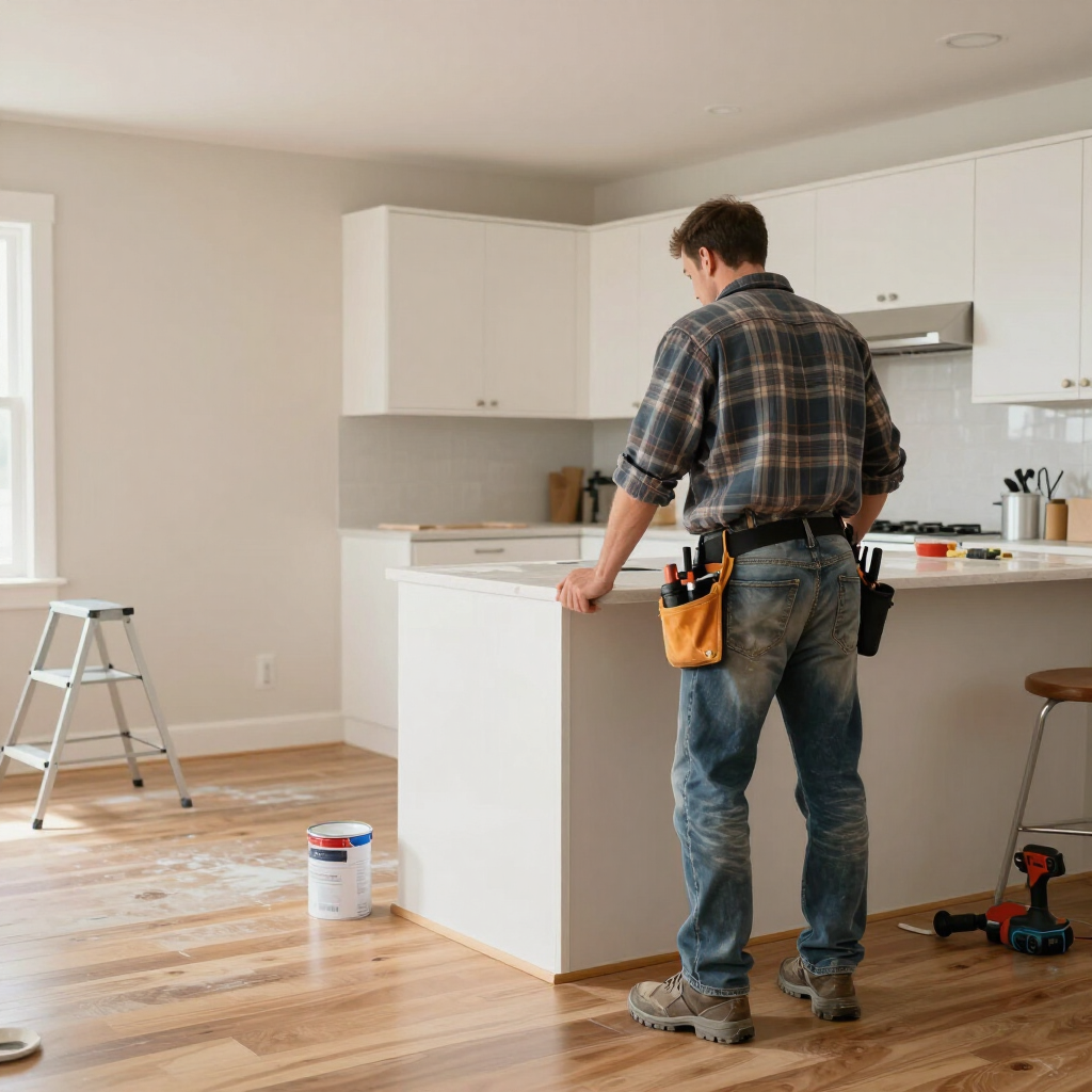 Person standing on a ladder in a bright kitchen under renovation, with tools and paint on the floor.