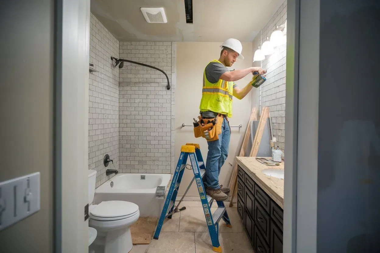 Worker on a ladder installing a bathroom mirror in a tiled bathroom under renovation