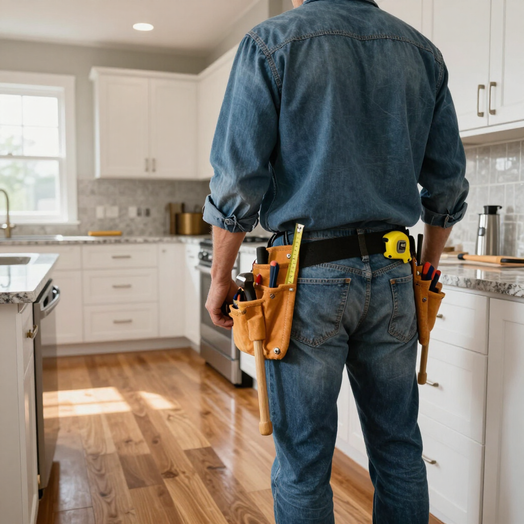 Person in a denim shirt and jeans with a tool belt stands in a bright kitchen renovation.