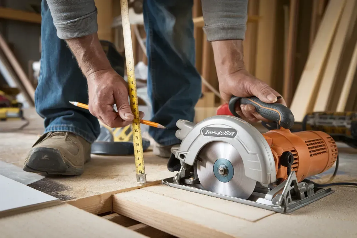 Person measuring wood beside a circular saw in a workshop, preparing to cut a plank