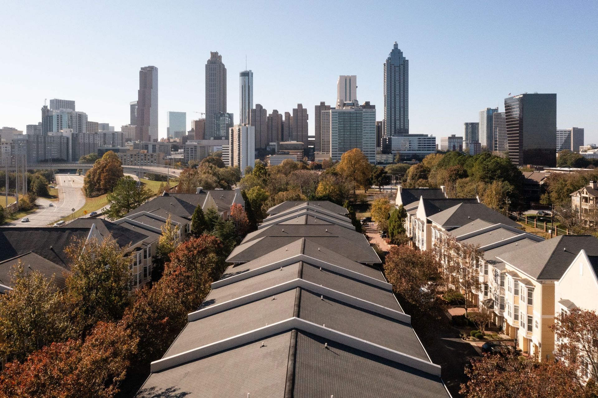 View of the Atlanta skyline, showcasing the architectural diversity that NBS Roofing can work with. 