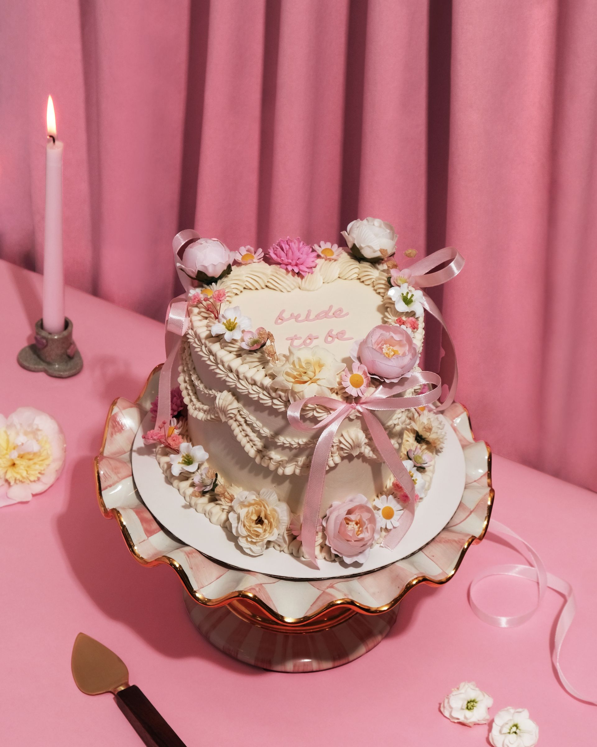 A heart-shaped cake labeled 