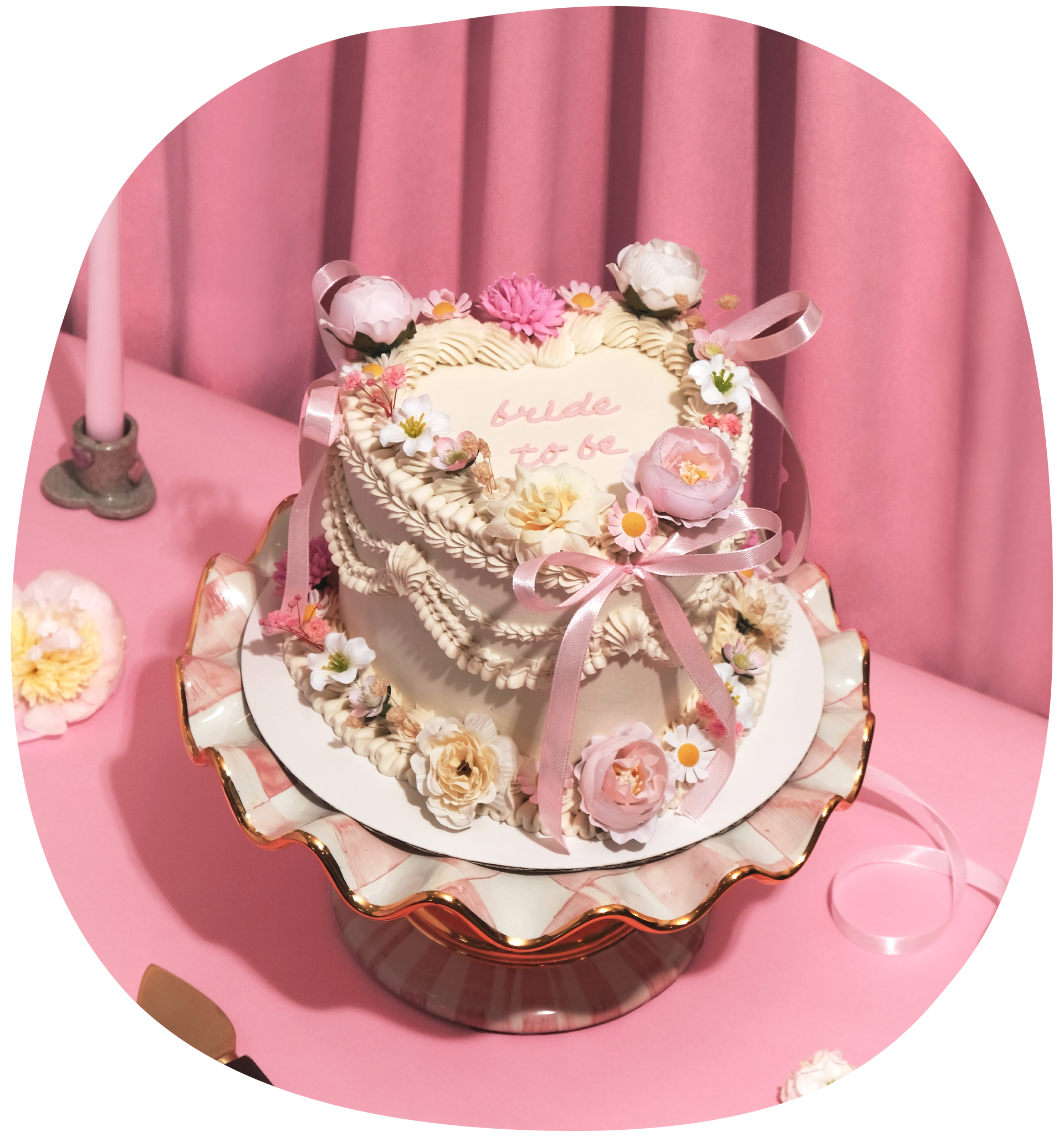 A heart-shaped cake labeled 