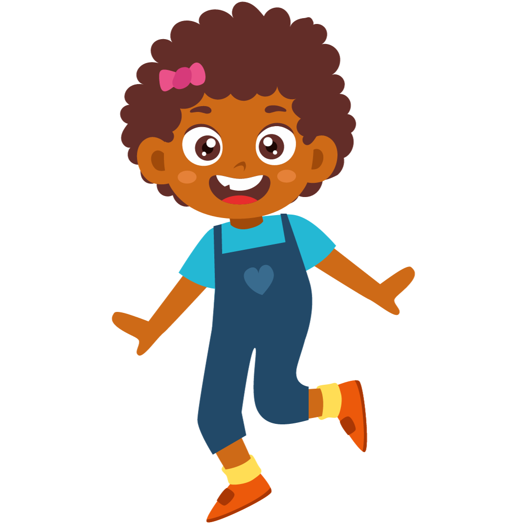 a cartoon illustration of a little girl wearing overalls and a blue shirt .
