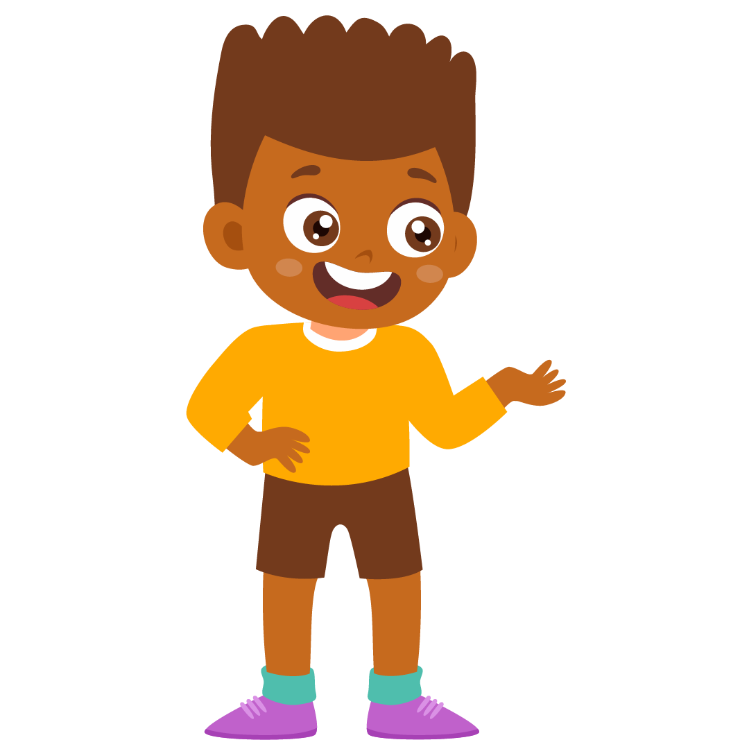 a boy in a yellow shirt and brown shorts is standing and smiling .