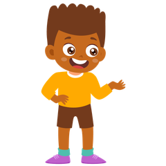 a boy in a yellow shirt and brown shorts is standing and smiling .