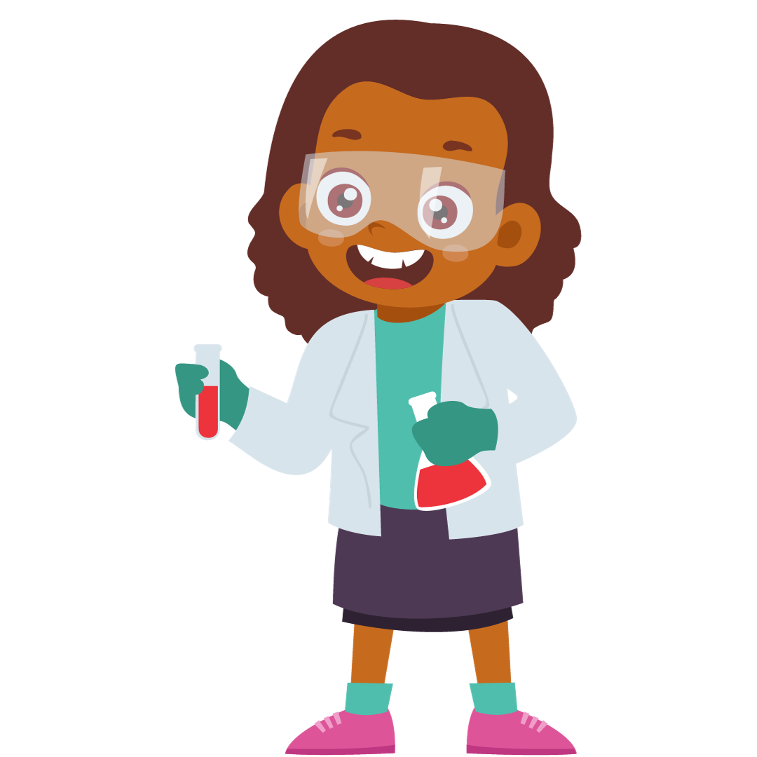 a girl in a lab coat and goggles is holding a test tube .