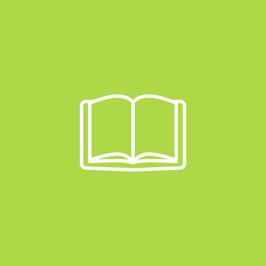 a white icon of an open book on a green background .