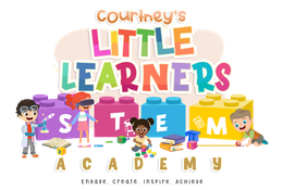 a logo for courtney 's little learners academy with children playing with lego blocks .
