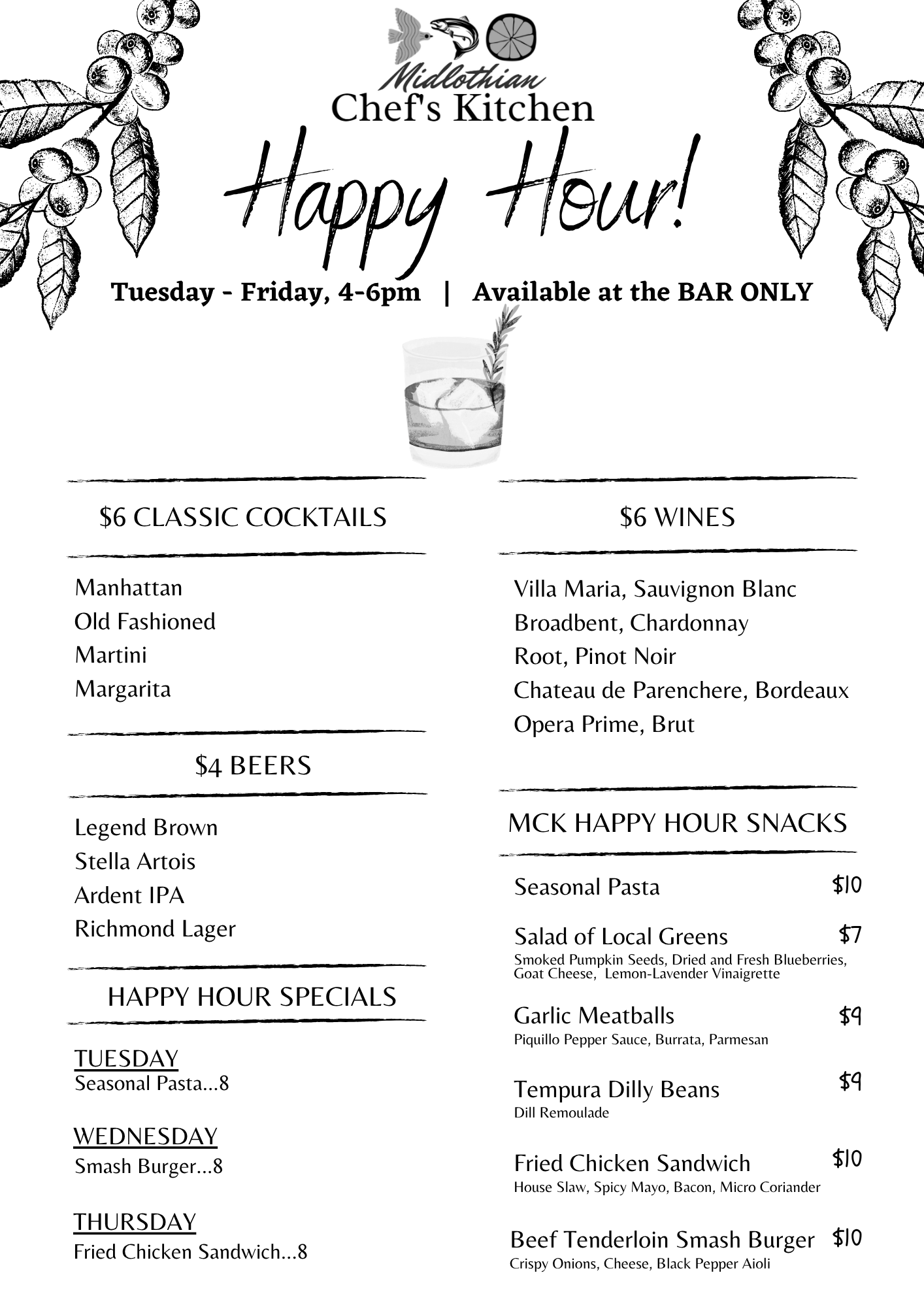 Midlothian Chef's Kitchen Happy Hour Menu