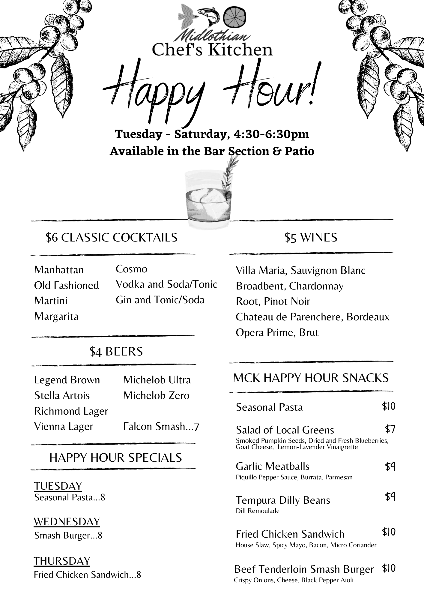 Midlothian Chef's Kitchen Happy Hour Menu