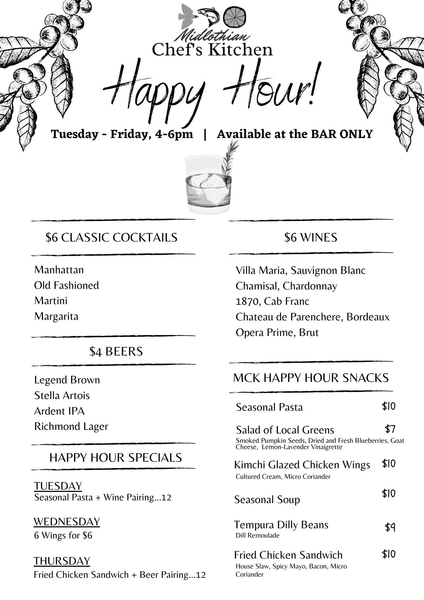 Midlothian Chef's Kitchen Happy Hour Menu