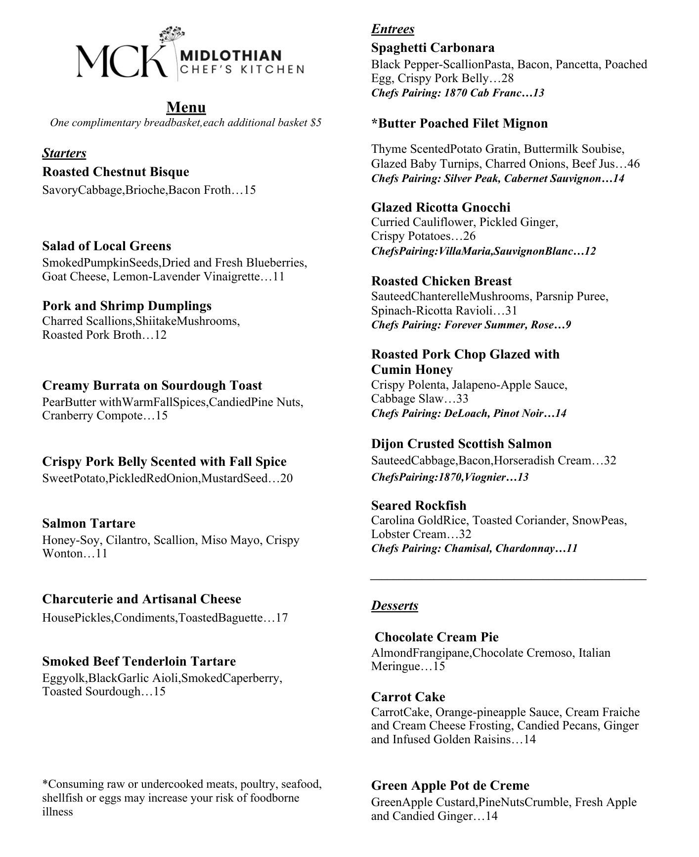 Midlothian Chef's Kitchen Menu