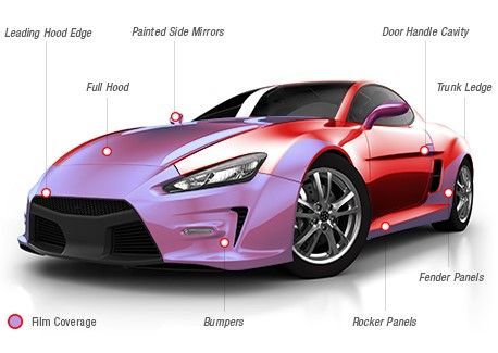 Car with purple paint protection film on various areas, labeled with red dots and text.
