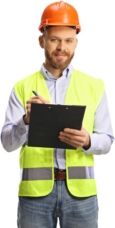 A Man Wearing a Hard Hat and Safety Vest is Holding a Clipboard and Writing on It