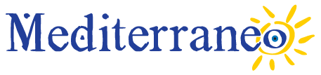 A logo for mediterraneo with a sun in the middle