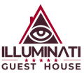 A logo for illuminati guest house with an eye in a triangle