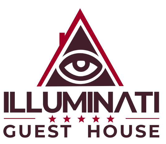 A logo for illuminati guest house with an eye in a triangle