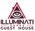 A logo for illuminati guest house with an eye in a triangle