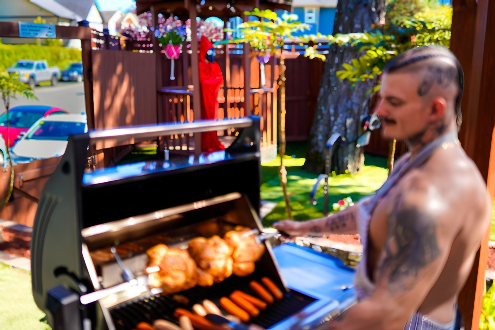 A shirtless man is cooking chicken on a grill