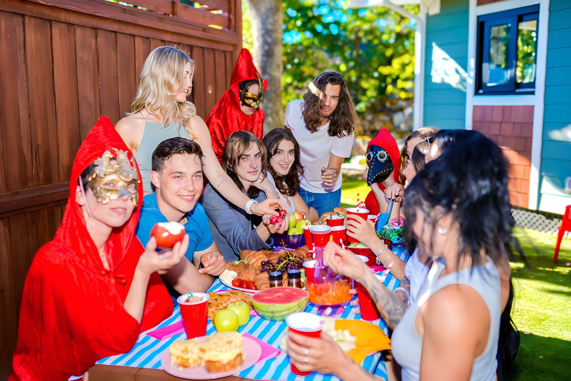 A group of people are sitting around a table at a party.
