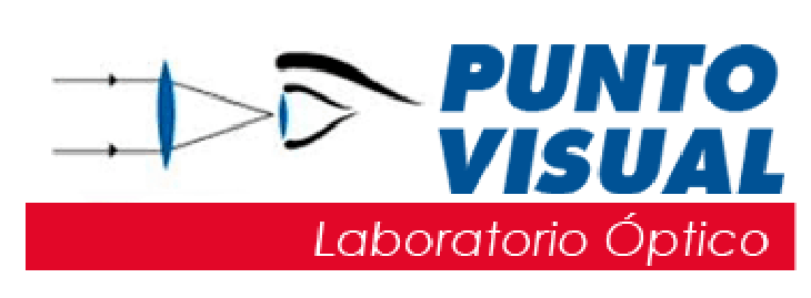 Logotipo para Punto Visual, laboratorio óptico, que incluye un ojo, una lente y un texto.