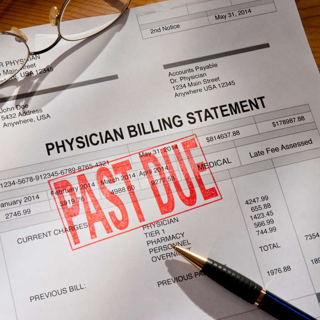 A physician billing statement has been stamped past due